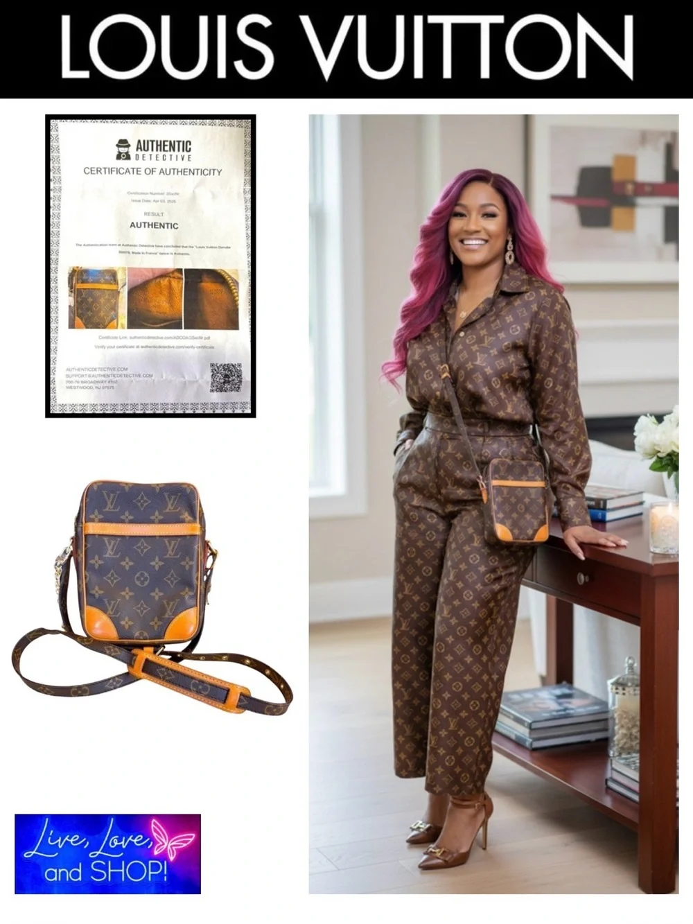 LOUIS VUITTON Danube Crossbody w/Box, Dust Bag, 1 Ribbon, 2 Bag Charms & COA.EUC